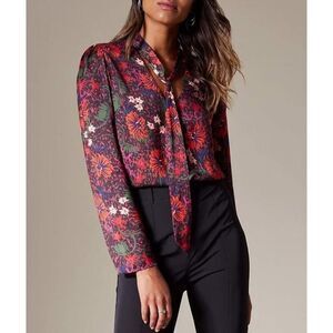 Karen Millen Blouse Womens 4 Floral Multicolor Sash Tie